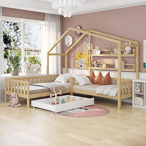 GFM Kinderbett Hausbett mit Schubladen und Regalen, Massivholz mit Zaun und Lattenrost, L-Struktur, Natur (90x200 cm+140x70cm), Braun-28739394naa