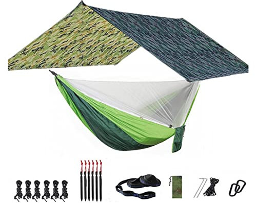 Schaukel Camping-Hängematte mit Netz- und Regenrechenetarp, 118 * 118 Zoll, tragbarer wasserdicht und Uv. Resistentes Hängemattenzelt for Innen, im Freien Schaukelsitz ( Color : Camou and lightgreen )