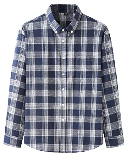 Jamron Hombre Talla Grande Manga Larga Camisa de Cuadros Franela Camisa Casual con Botone de Mezcla de Algodón Cepillado Azul & Blanco 5XL
