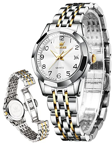 OLEVS Damenuhren Leicht zu lesen Armbanduhr mit Kleines Gesicht Gold Silber Edelstahlband Leuchtend wasserdichte Kalender Luxus Armbanduhr