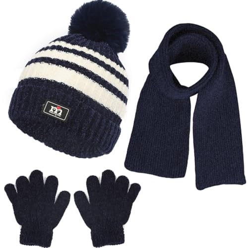 NLAND Set de Bufanda Gorro y Guantes para Niño Niña 3 Piezas Conjunto Accesorios de Invierno Gorro Térmico de Punto Bebé Cálido Guantes de Forro Polar para 1-5 Años(Azul marino,Talla única)