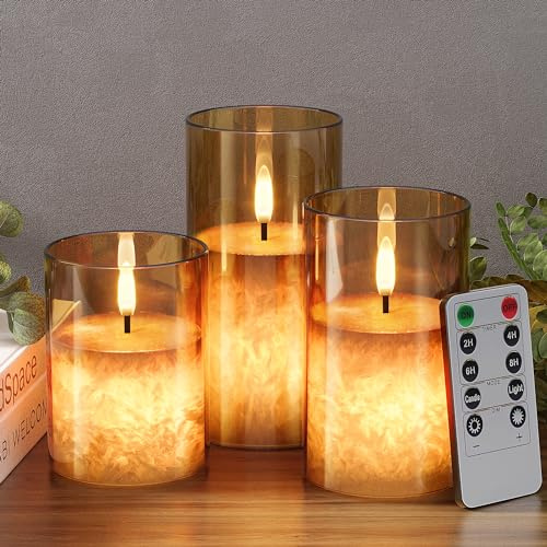 VIODAIM Ice Crystal Real Wax Glass Flameless Candles with Remote & Timer, Battery Operated Candles with Warm Flickering Flame, Realistic LED Candle for Wedding Home Decor [D3×H4/5/6] Gold, 3Pack
