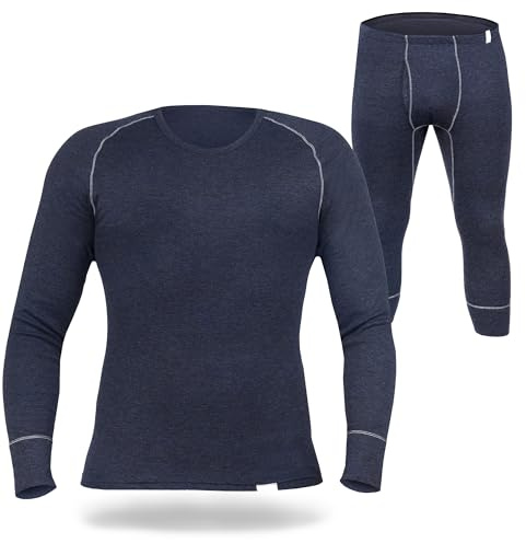 SES Termounderkläder herr set 3/4 långa av 75 % bomull och 25 % polyester/ventilerande och hållbara termiska underkläder med gylf för män/termounderkläder för värme och komfort, marinblå, L