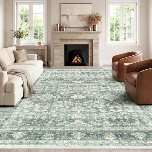 HOMFINE 160x230cm Green Vintage Washable Area Rug for Bedroom Living Room | Machine Washable Rug, Traditional Printed Design, Soft Short Pile, Non-Slip Non-Shedding