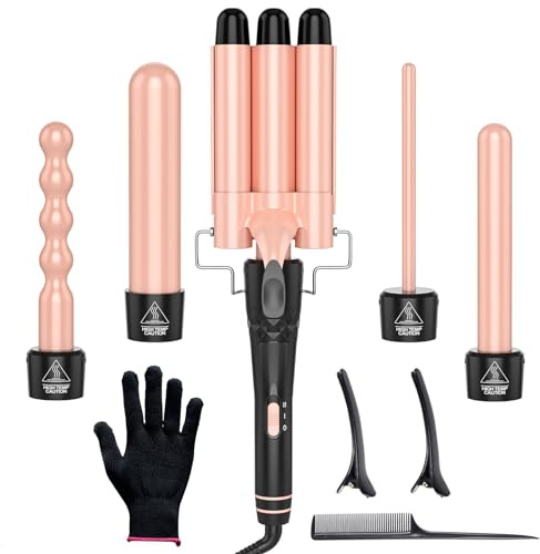 Hair Curler OBVHNUA 5 in 1 Curling Wand Set Professional Curling Tong 9-32mm with 2 Hair Clips 1 Comb Anti Scald Glove Temperature Adjustable | Professional Curling Tong 9-32mm with 2 Hair Clips 1 Comb Anti Scald Glove Temperature Adjustable