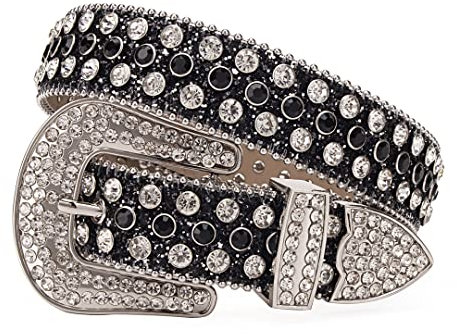 Wvapzxx Vintage Nietengürtel Western Cowgirl Cowboy Bling Bling Strass Gürtel für Damen Herren, Schwarz , 38(waist28-29inch)