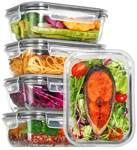 Vtopmart 5Pack 22oz Glass Storage Containers with Lids, Glass Meal Prep Food Container Sets with Snap Airtight Lids for Microwave, Oven, Freezer and Dishwasher, Grey