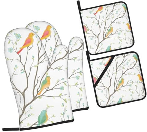 4 Pezzi Presine E Guanti Da Forno Watercolor Birds Branch Flower Guanti Da Forno Resistente Al Calore Guanti Da Cucina Divertenti Guanti Da Barbecue Per Cuocere, Campeggio, Grill