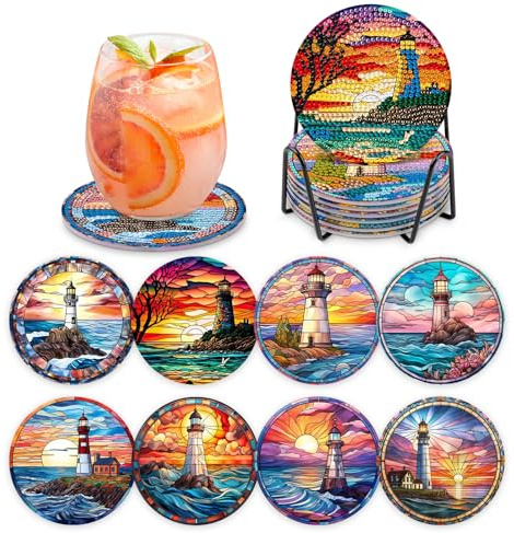 MOGTAA 8Pcs Diamond Art Coasters with Holder, Lighthouse Diamond Art Coasters Kits for Adults Beginners, 5D DIY Diamond Painting Coaster Landscape Crystal Crafts for Home Decor
