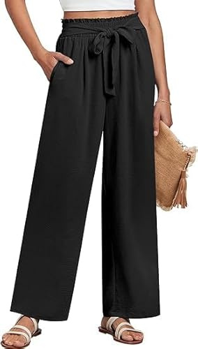 SHEKINI Damen-Loungehose mit weitem Bein, elastisch, hohe Taille, Palazzo-Hose, elegant, gerades Bein, lange Hose mit Taschen, lockere Passform, Schwarz , 38