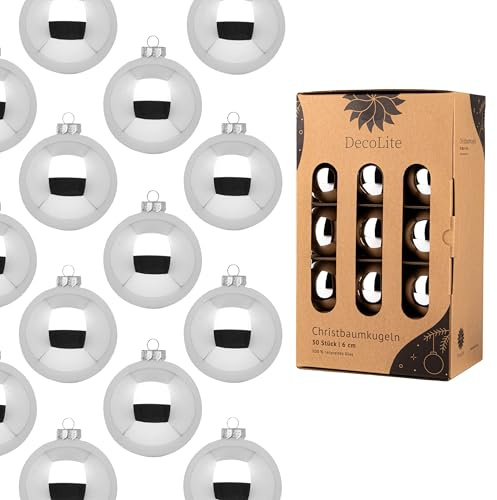 DecoLite Weihnachtskugeln Glas 6 cm, 30er Set, Silber - glänzend | 30 Glaskugeln Ø 6 cm, innen echt versilbert, inkl. S-Aufhänger 3,8 cm, plastikfreie Kartonbox