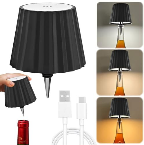 Demiawaking Wireless Flaschenlampe, wiederaufladbar, 2000 mAh, LED Weintischlampe, 3 Farben, Touch dimmbar, LED Wein Flaschen Lampe Tischlampe für Party, Bar, Restaurant (Schwarz 01)