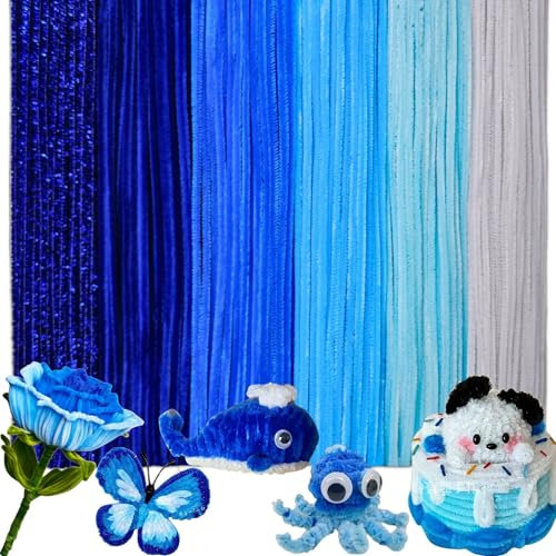 200 Stück Pfeifenreiniger Bunt zum Basteln,6 Verschiedene Blau Pfeifenputzer Bunt zum Basteln Inklusive Glitzerdraht,Chenilledraht Pipe Cleaner für Kreative DIY (Gradient Blau)