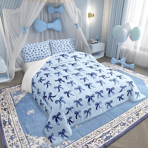 Erosebridal Bowknot Twin Comforter Set, Kawaii Simple Bows Breathable Bed Set, Cute Cartoon Dreamy Printed Kids Teens Lightweight Down Comforter for Sofa Bedroom, Baby Blue Ribbon Cozy Duvet Insert
