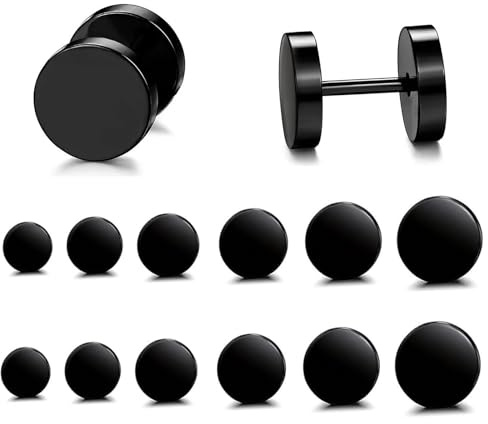 Fhioevt 6-par örhängen svart för män och kvinnor - Edelstål hypoallergena svarta örhängen - Fake pluggar - Skruvörhängen 3mm-8mm - Hantelörhängen - Öronpiercing set