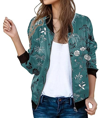 Giubbino Primaverile Donna, Giacchetto Giubbottino Bomber Capispalla di Manica Lunga con Zip Stampa Sportiva Iacche Tinta Unita con Tasca Tops Leggero Giacca da Aviatore Streetwear