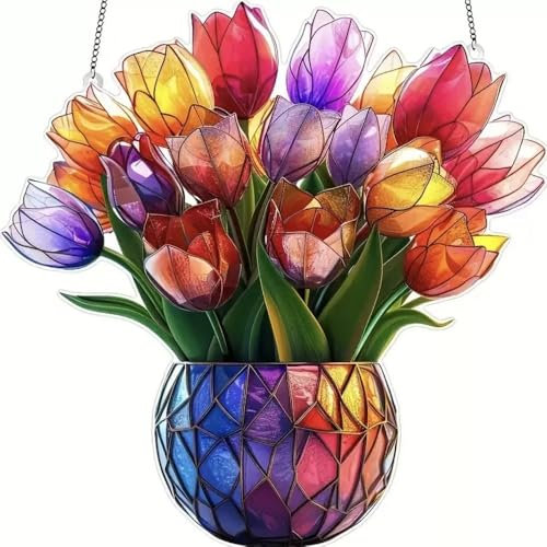 Jarrón Tulipanes Colorido Atrapasol Efecto Vidriera Colgante Decoración Hogar Regalo Estacional