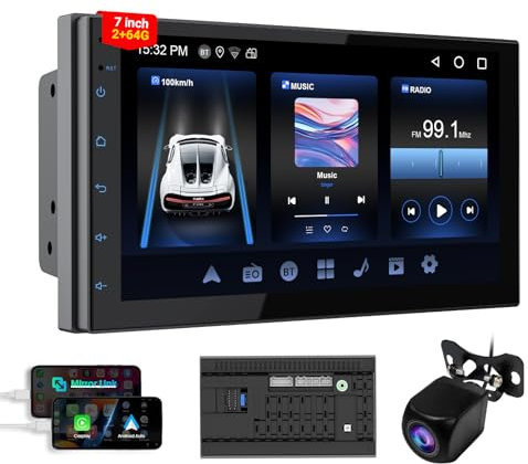 Haudio Autoradio 2 DIN mit Wireless CarPlay und Android Auto, 7’‘ HD Bluetooth Car Play Touchscreen Display mit Mirror Link/GPS Navi/Rückfahrkamera/SWC/FM/AM/RDS Radio - 2+64G