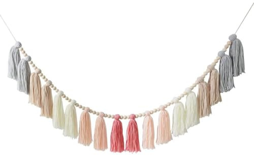 Handgemachte Regenbogen Wanddeko Wandteppich mit Holz Perlen und Quaste Girlande, Fallen Pastellfarbenes Quastenbanner Perle Quaste für Party, Klassenzimmer, Kinderzimmer, Schlafzimmer (1 pcs,rosa)