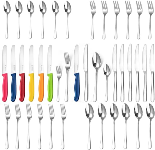 Targzier Besteck Set 6 Personen,36 teiliges Edelstahl Silbern Besteckset mit Bunt Frühstücksmesser,Elegantes Bestecksets mit Messer Gabel Löffel,Essbesteck Set Spülmaschinenfest