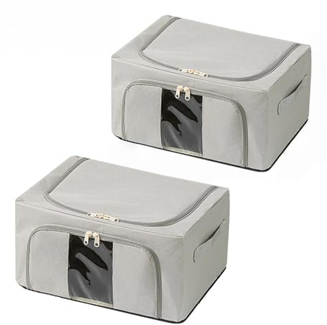 2Pack Clothes Storage Boxes, Foldable & Stackable Front Opening Storage Box for Wardrobe Organiser Smart Space Storage Solution - Grey 24L Oxford Cloth with Steel Frame