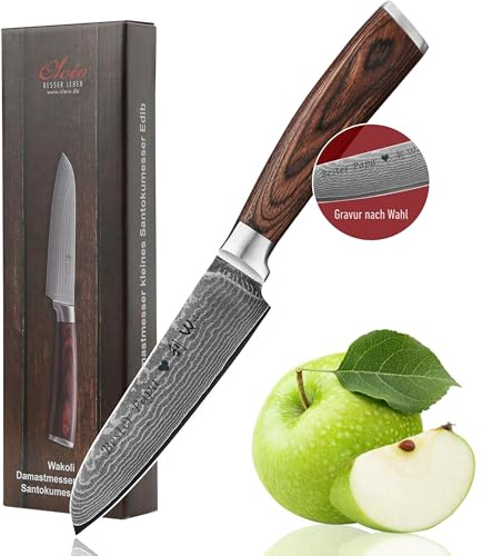 Wakoli EDIB Damast kleines Santoku Messer mit Gravur – Personalisiertes Messer, 12 cm Klinge aus 67 Lagen Damaststahl (VG10-Kern), Pakkaholzgriff – Scharfes Küchenmesser Geschenk, Geschenkverpackung