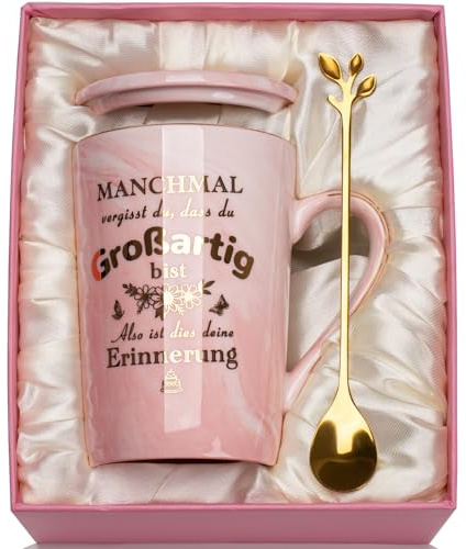 Geschenke für Frauen, Geburtstagsgeschenk für Frauen Tasse 400ml, Originelles Design Geschenke für Frau Geburtstag Damen Geschenk Rosa Marmor Kaffeetasse, mit Goldaufdruck, Deckel, Löffel