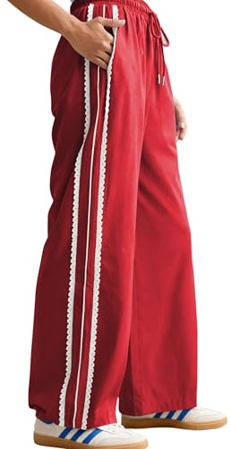 Yeokou Women's Wide Leg Sweatpants Side Stripe Crochet Slip on Drawstring Casual Running Track Palazzo Pants with Pockets (Red-L)