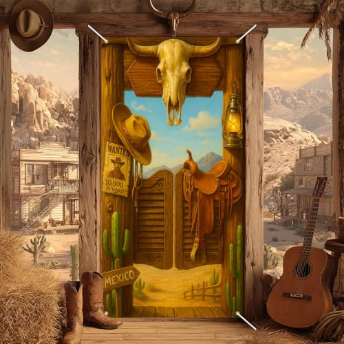 BlissYard Western Cowboy Door Cover with Cowboy Hat Wanted Poster and Bull Skull Wild West Party Decorations for Indoor Front Door Banners 71x35 Inch