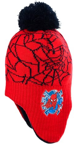 Marvel Spiderman - Gorro de invierno para niños con pompón con licencia – Gorro de punto con forro polar y orejeras – Gorro cálido con pompón para niños – Gris o Rojo, rojo, 54
