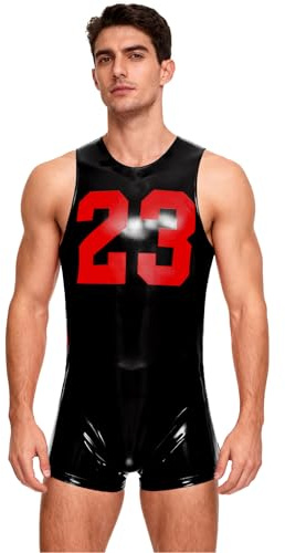 FEESHOW Män basketspelare kostym wetlook bodysuit lack läder sportbody karneval halloween party klubbkläder, svart, L