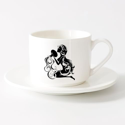 AYUEHBN Tazze da tè, caffè e cioccolata calda Segno zodiacale Acquario Ragazza Donna （6oz/175ml） Cappuccino, latte macchiato, tè, espresso，Set di tazze da tè con piattini (bianchi)