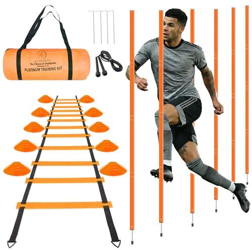 AI SPORTS Speed & Agility Training Platinum Kit | Football Training Equipment with 1× Agility Ladder, 6× Slalom Poles,1× Skipping Rope,10× Training Cones & 1× Carry Bag