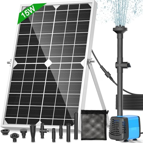 Solar Pond Pump, 15W Solar Fountain Pump with 720L/h Flow, 16.5Ft Extendable Power Cord, 4 Spray Styles & Debris Barrier Bag – Perfect for Ponds & Water Features