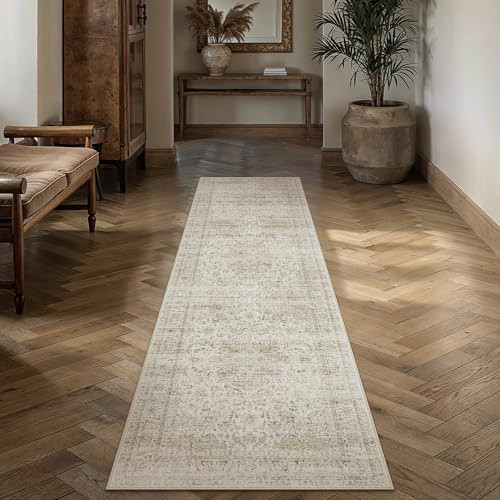HUGEAR Vintage Beige Waschbarer Läufer Teppich Flur 80x300cm Bettvorleger Küchen Wohnzimmer Schlafzimmer Teppiche rutschfest Kurzflor Weich Flurläufer Teppichläufer