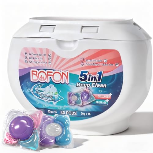 BOFON Tvättmedel Pods 5-i-1 formel tvättmedelsblad tvättkraft med hudvänliga former, lämplig för känslig hud och spädbarn 30 tvättar (30 stycken (1-pack)