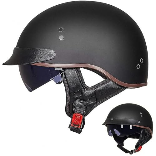 Halbschalenhelm mit ECE, Retro Jethelm Chopper Helm Retro Motorrad Helm, Halbhelme Scooter-Helm Mofa-Helm mit Sonnenblende und Herausnehmbares Atmungsaktives Futter