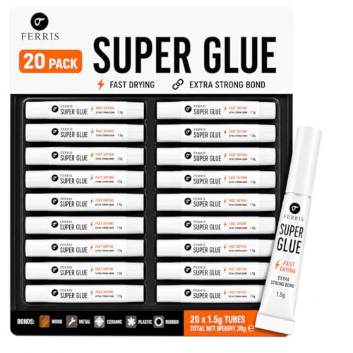 FERRIS Super Glue 20 Pack – Extra Strong Fast-Dry Formula, 10-Second Cure, 1.5g Tubes – Multi-Purpose Cyanoacrylate Adhesive for Wood, Plastic, Ceramic, Rubber & DIY Crafts