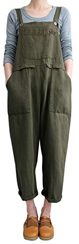 Gihuo Women's Linen Overalls Loose Fit Baggy Bib Overalls Wide Leg Jumpsuit(Army Green, Large)