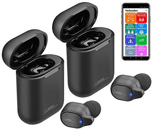 Callstel Übersetzer Ohrstöpsel: 2er-Set 2in1-Live-Übersetzer, In-Ear-Mono-Headset, Powerbank-Box & App (Translator, Englisch, Freisprecheinrichtung)