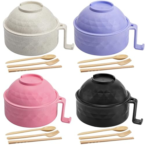 Romooa 4 Sets Microwave Ramen Cooker Set 33 oz Quick Ramen Bowl Set Microwave Noodle Cooker with Handle Noodle Bowl with Spoon Chopsticks Fork College Dorm Room(Black, Beige, Pink, Purple)