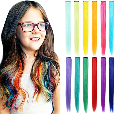 SHKJCHP 12 Stück Farbige Haarverlängerungen Highlights 21 Zoll Langes Glattes Haarsträhnen Zum Einklipsen Farbiger Clip in Haarverlängerungen Bunte Haarsträhnen für Damen