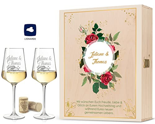 Verres à vin blanc Leonardo pour mariage doré avec nom et date gravés – Cadeau de mariage personnalisé pour le couple – 50 ans – Avec boîte en bois imprimée vintage – Cadeau de mariage