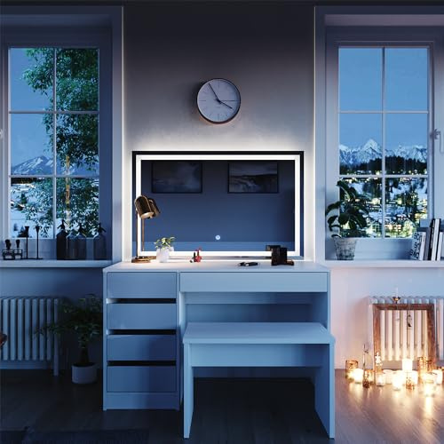 Vicco Schminktisch Sherry, Weiß, 120 cm | mit LED-Spiegel und Bank, geeignet für tägliche Pflege und Make-up-Anwendungen