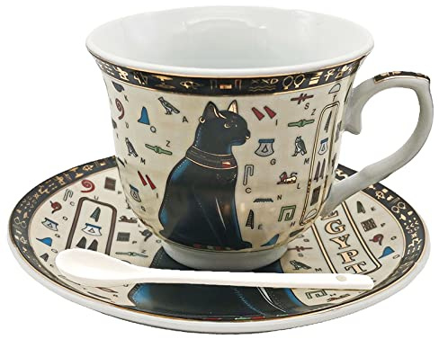 Demitasse - Juego de tazas y platillos de cerámica egipcia, 100 ml, regalo para cumpleaños, familia, amigos, color beige y negro