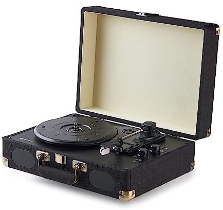 Amazon Basics Portable Suitcase Vinyl Turntable Record Player with Built-in Stereo Speakers, Belt Drive, 3-Speed, Bluetooth Playback, Black