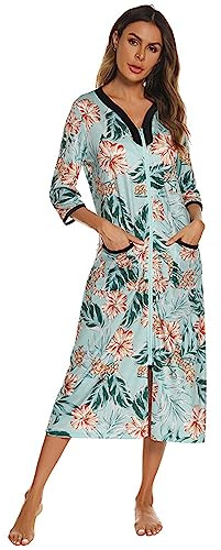 Verve Jelly Damen Reißverschluss Roben 3/4 Ärmel Blumendruck Bademantel Leichte Hausmäntel mit Taschen Damen Loungewear