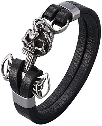MIYABITORS Braccialetto da uomo intrecciato in pelle corda corda braccialetto teschio in acciaio inossidabile fibbia magnetica bracciale