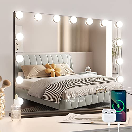 FENCHILIN Hollywood Spiegel mit Beleuchtung USB-C Ausgang Schminkspiegel mit Beleuchtung mit 15 dimmbare LED Lampen 3 Lichtmodus und einstellbare Helligkeit Hollywood Spiegel 58x46 cm