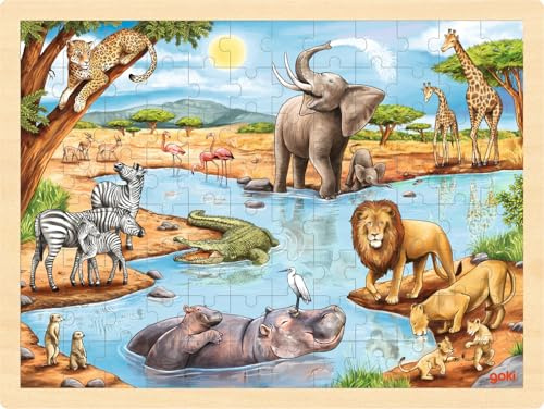 goki 57347 - Einlegepuzzle afrikanische Savanne - 96 robuste Teile aus Holz - buntes Farbdesign mit detailreichem Savannen Motiv